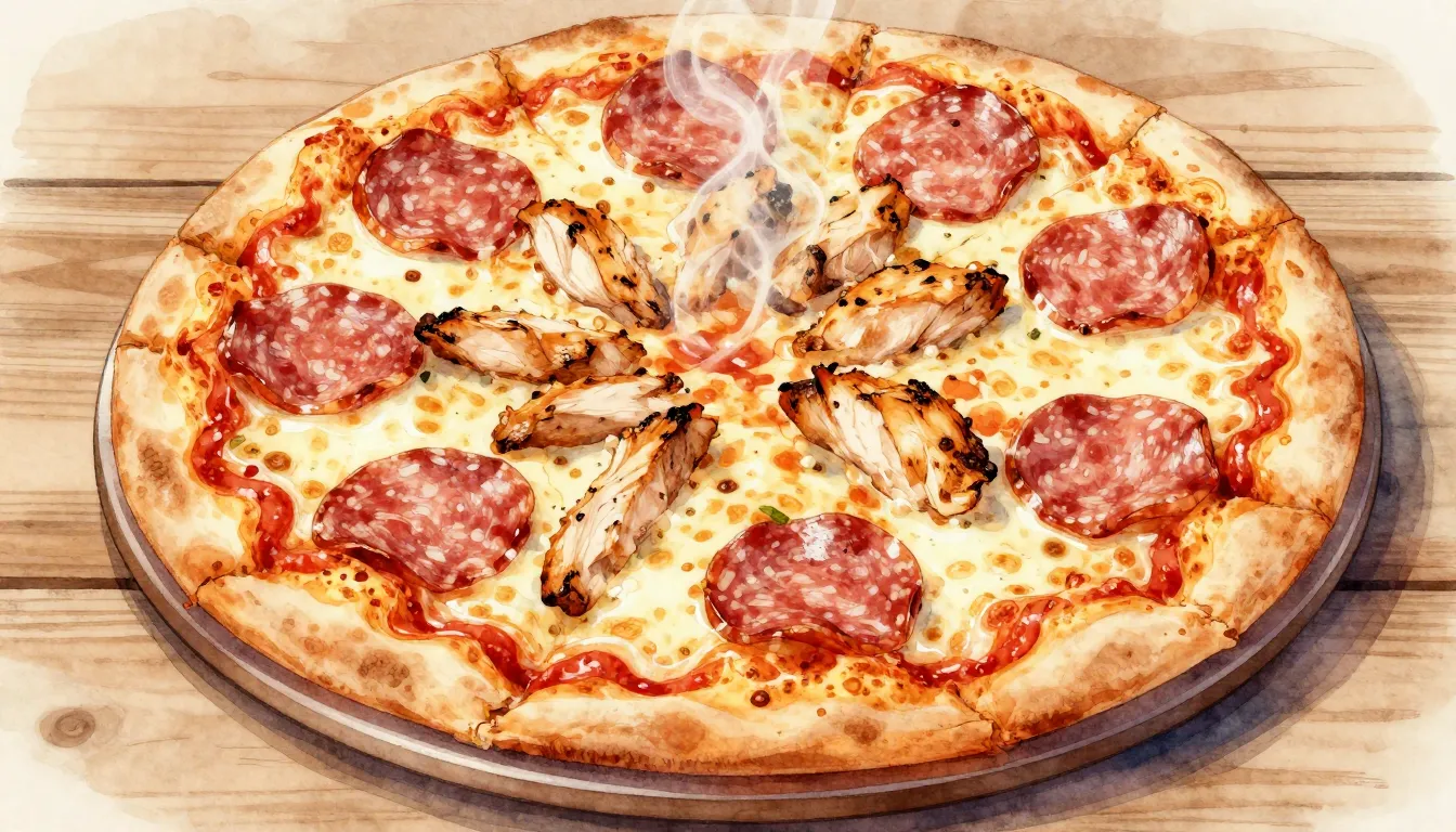 Watercolor style. Delicious pizza with salami slices and gri...