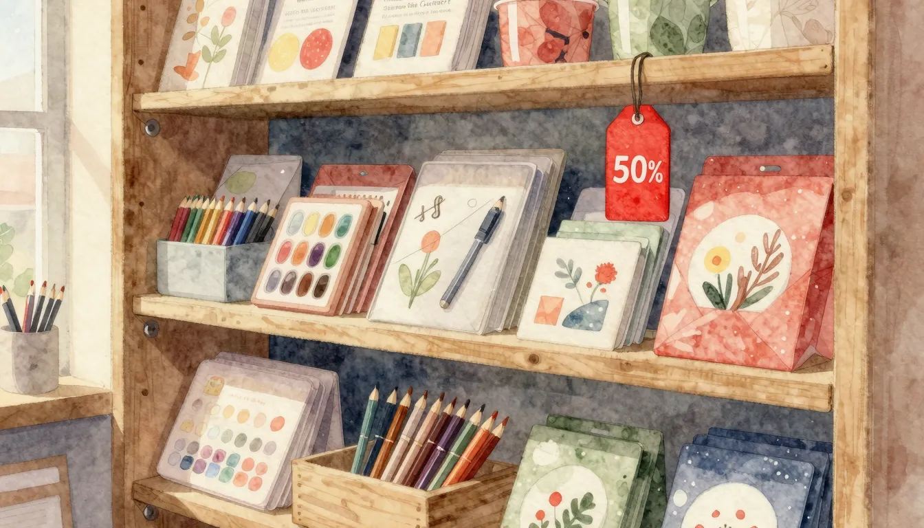 Watercolor style. A cozy store shelf filled with stationery,...