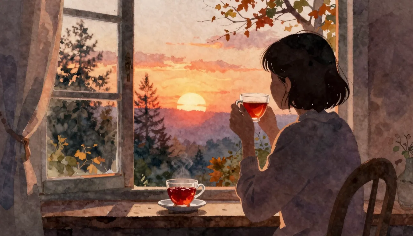 Watercolor style. A silhouette of a person sitting by a wind...