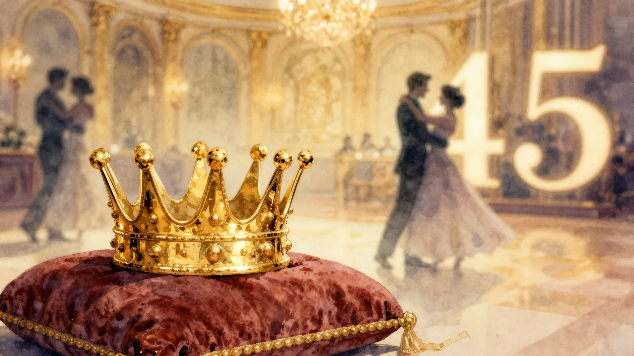 Watercolor style. A golden crown resting on a velvet cushion...