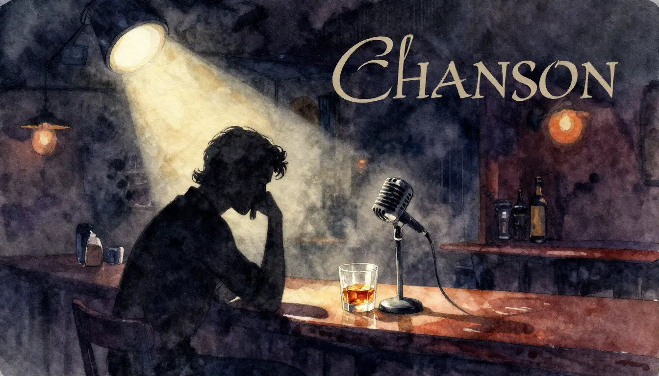 Vibrant watercolor style. Chanson album cover, melancholic, ...