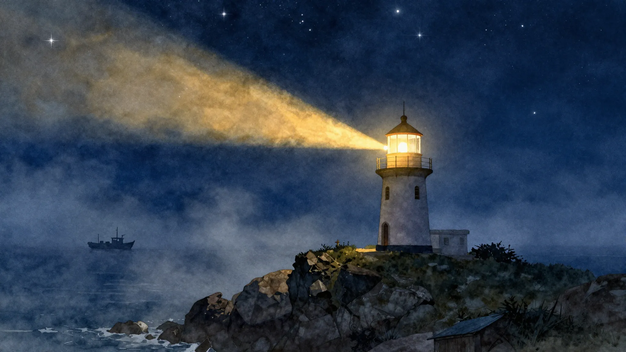 Watercolor style. A lonely lighthouse on a rocky cliff at ni...