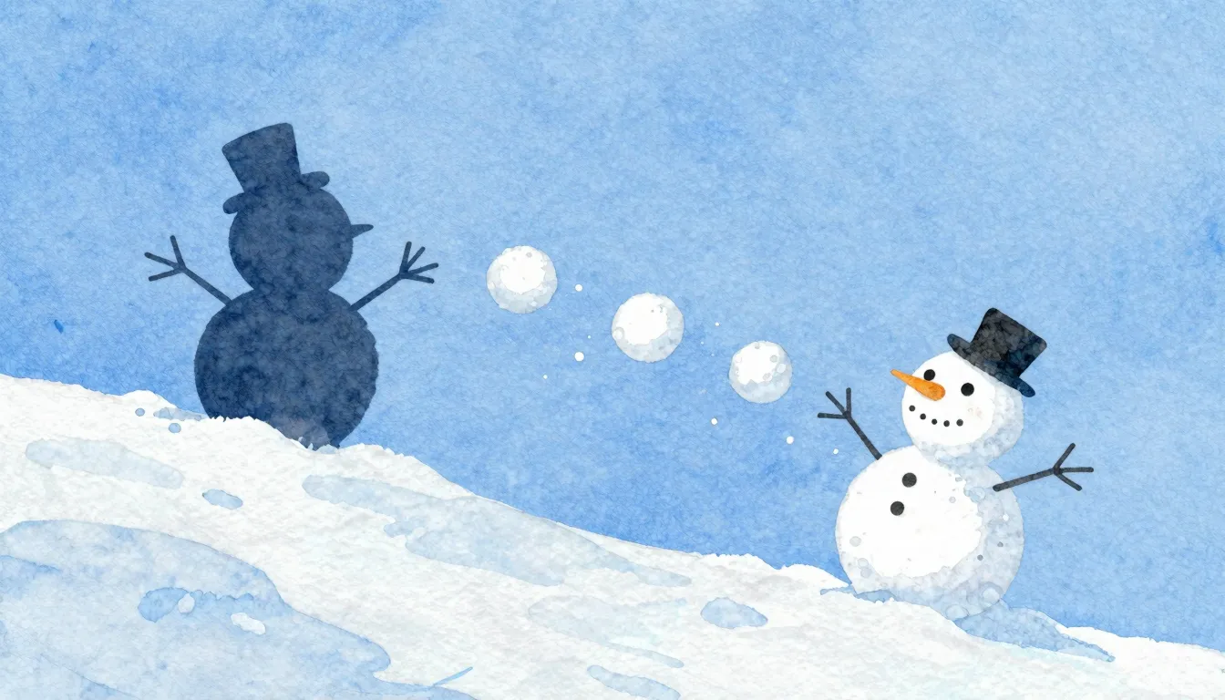 Watercolor style. Silhouette of a snowman falling apart into...