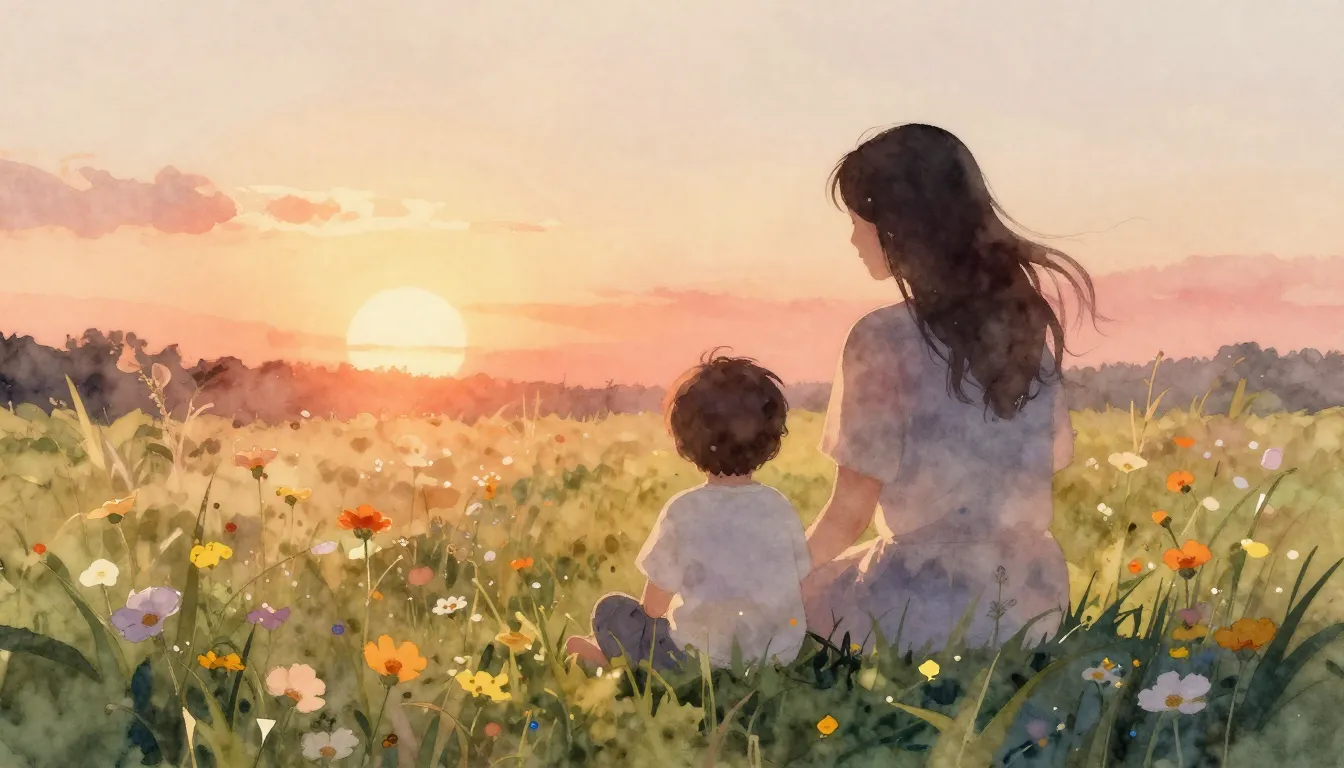 Watercolor style. A soft silhouette of a mother and child si...