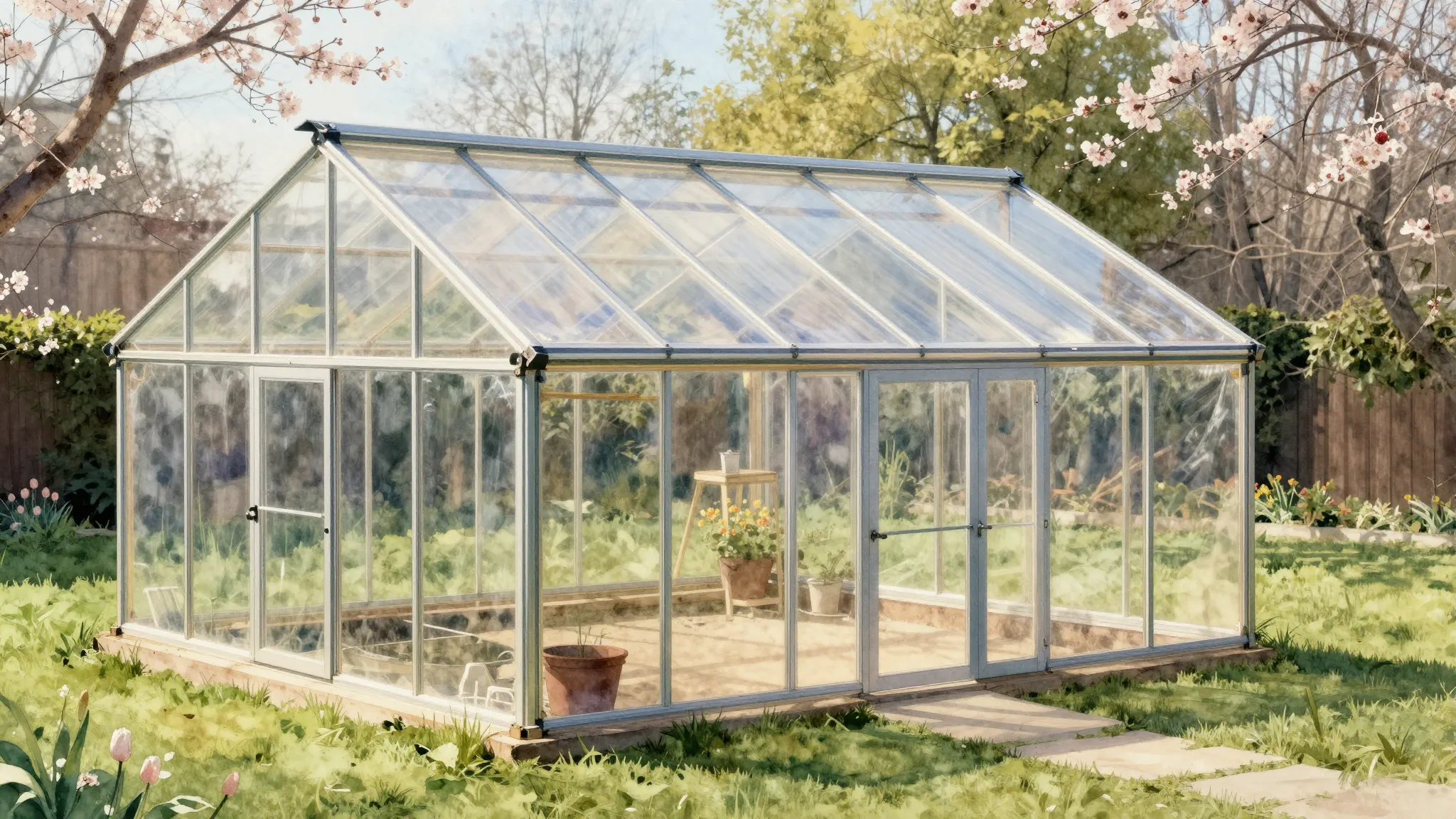 Watercolor style. A sturdy, transparent polycarbonate greenh...