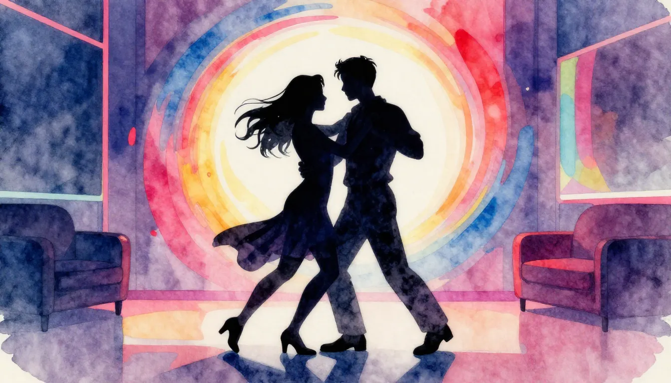 Watercolor style. Silhouettes of a couple dancing in a neon-...
