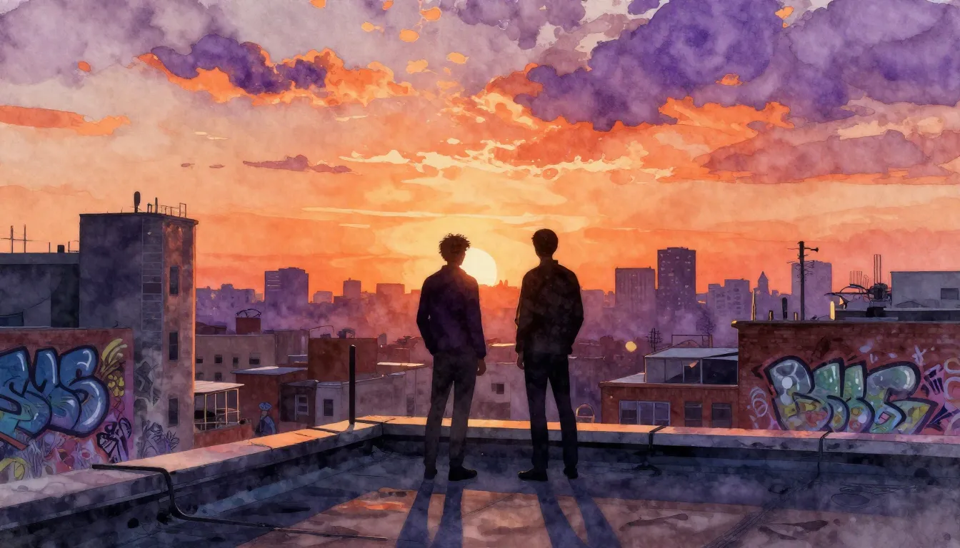 Watercolor style. Two silhouette figures standing on a rooft...