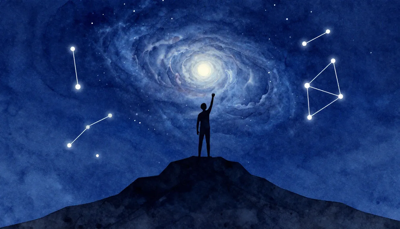 Watercolor style. A dark silhouette of a figure standing on ...