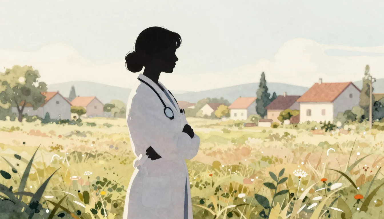 Watercolor style. A silhouette of a caring woman in a medica...