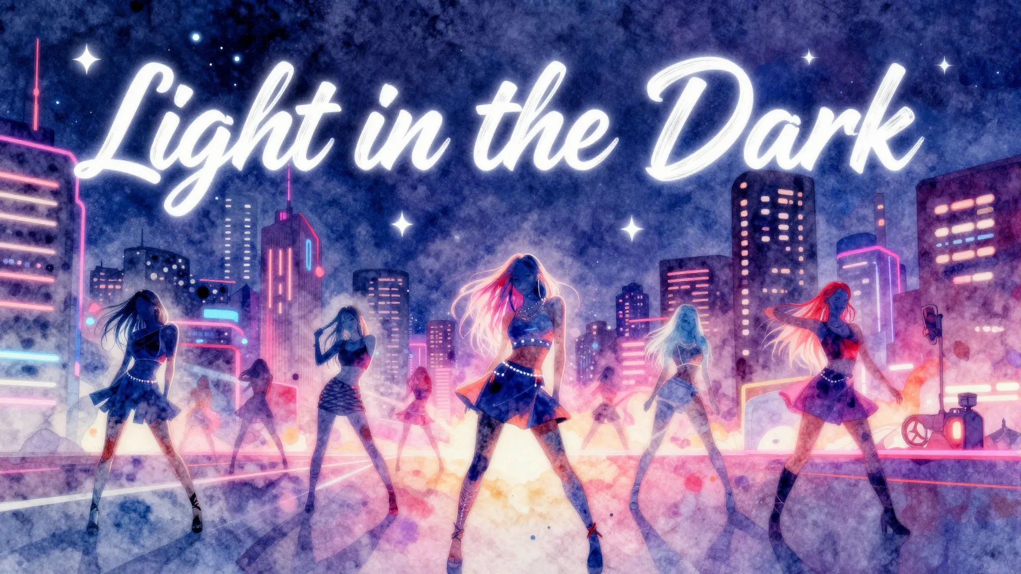 Vibrant watercolor style. K-Pop album cover, "Light in the D...