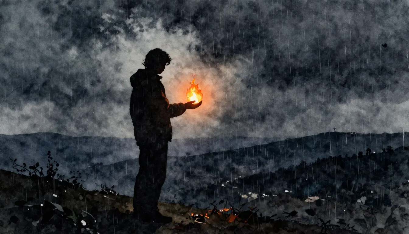 Watercolor style. A silhouette of a person standing on a hil...