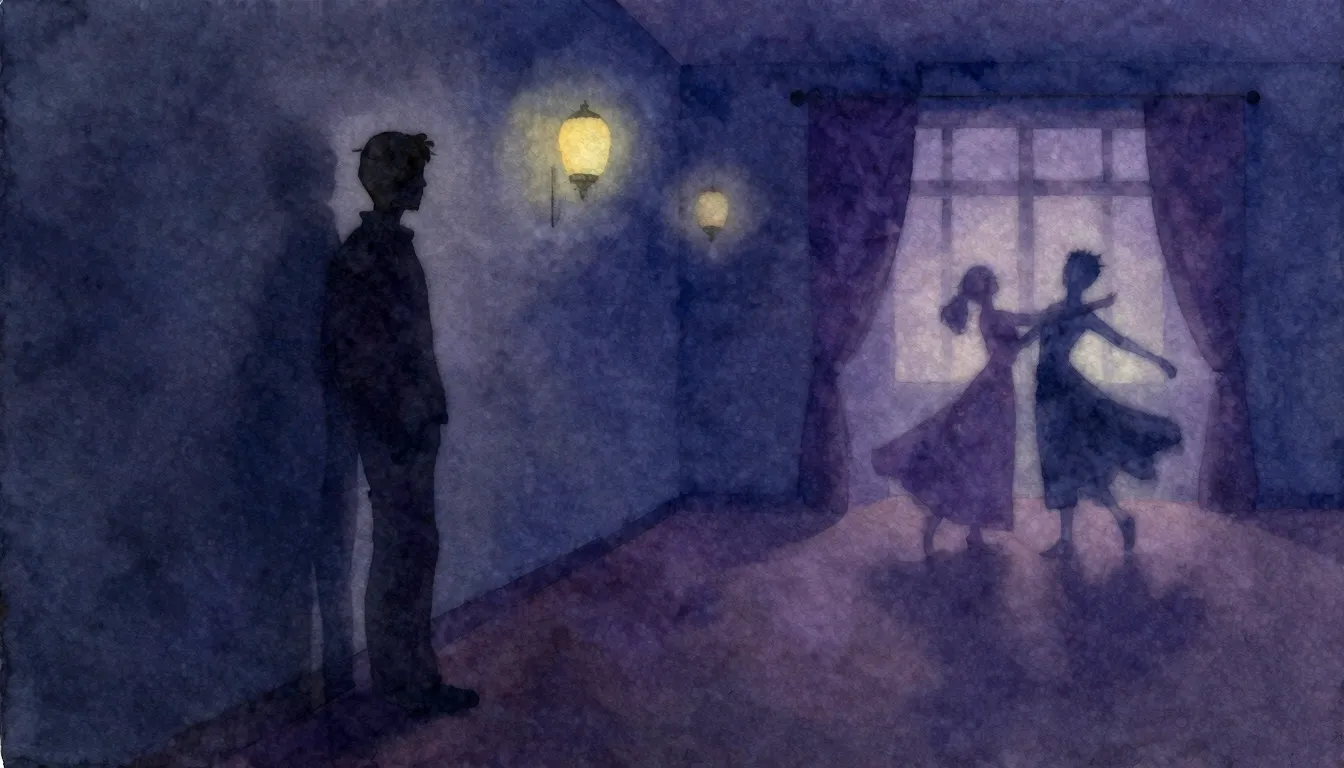 Watercolor style. A lonely silhouette standing by a wall in ...