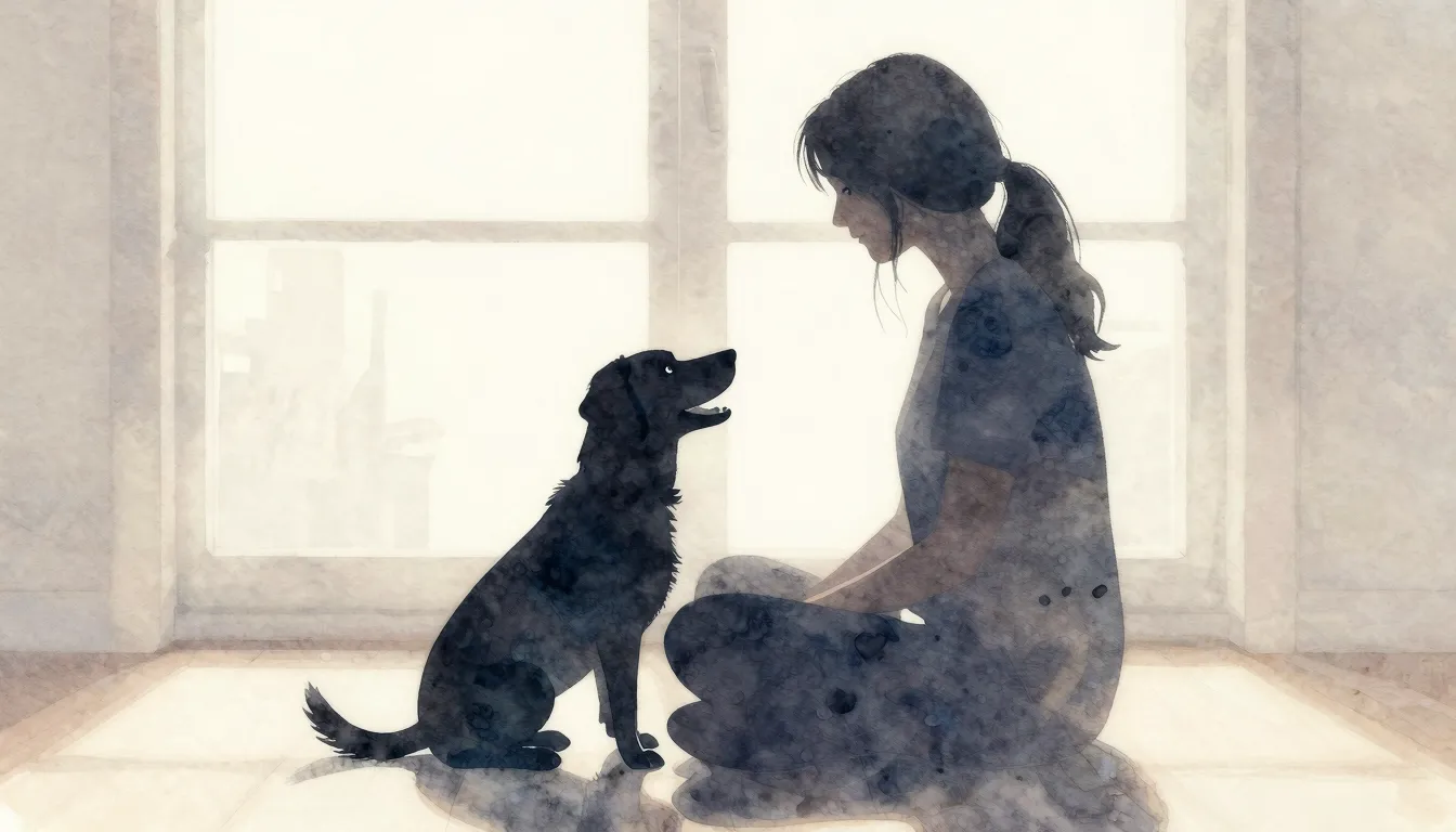 Watercolor style. A silhouette of a woman sitting on the flo...