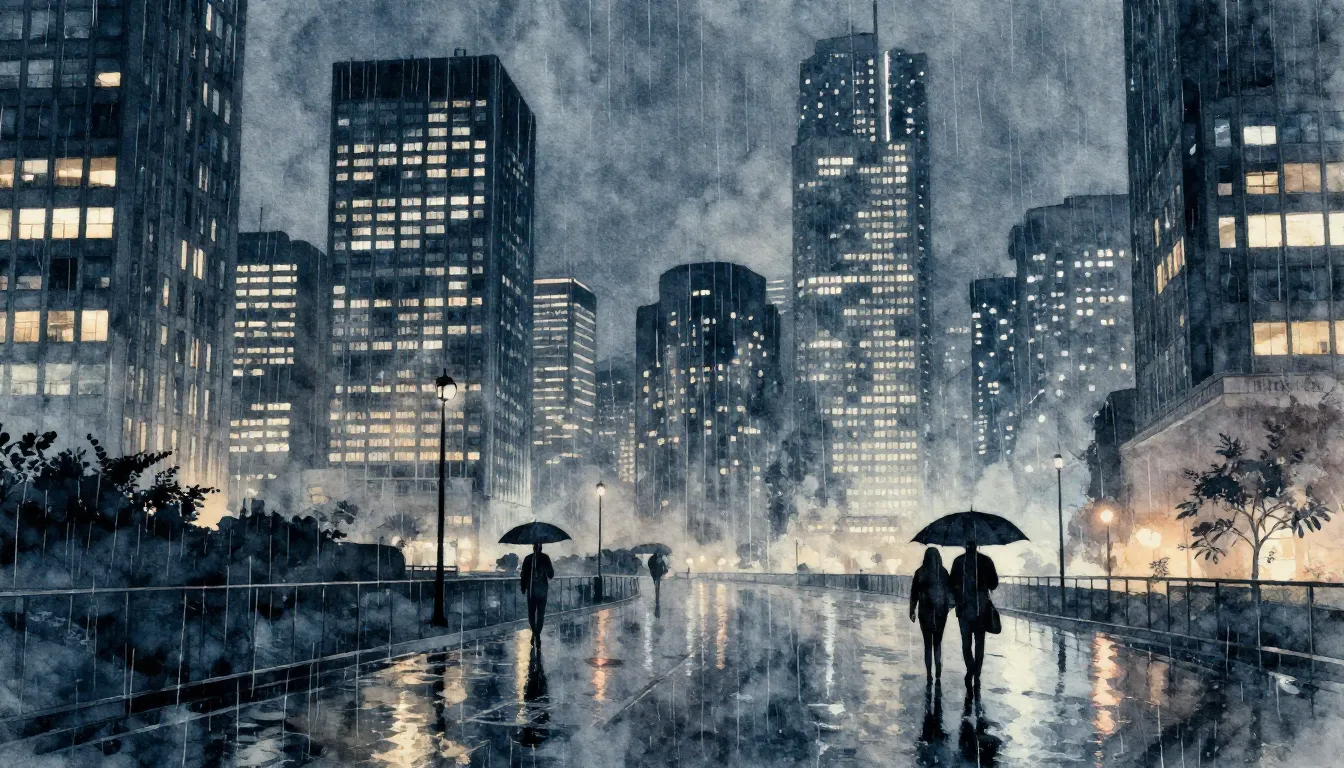 Watercolor style. A vast modern city at night, rain-slicked ...