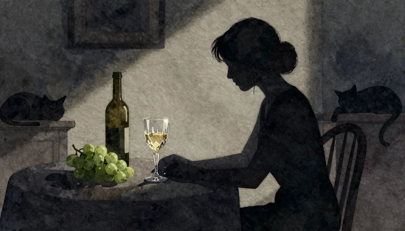 Watercolor style. A silhouette of a woman sitting at a table...