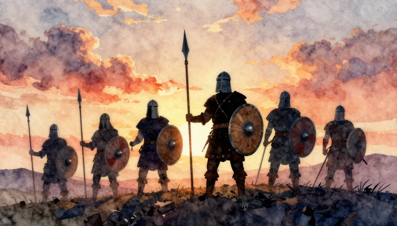 Watercolor style. Ancient slavic warriors silhouettes on a h...