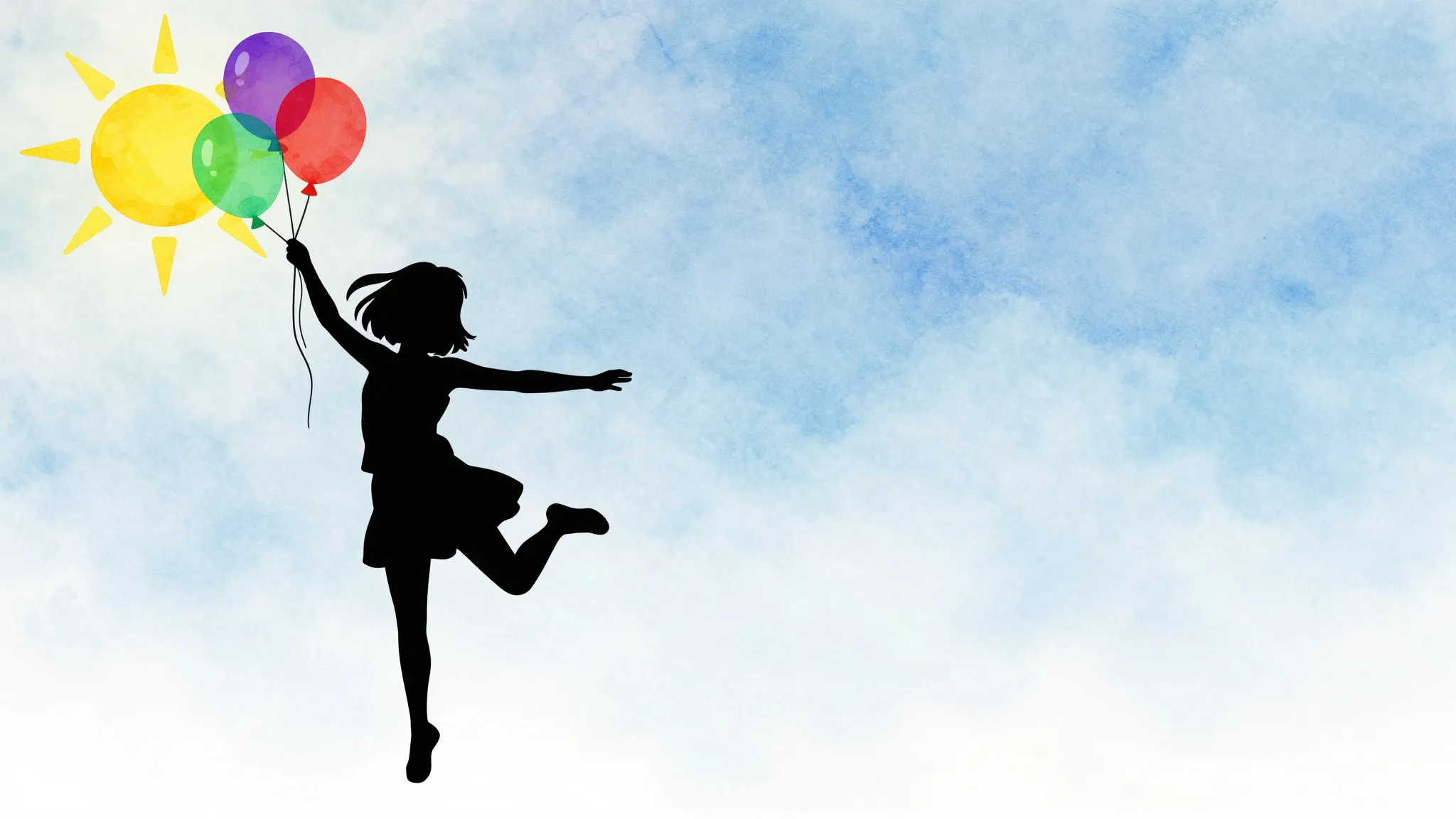 Watercolor style. Silhouette of a happy girl dancing under a...