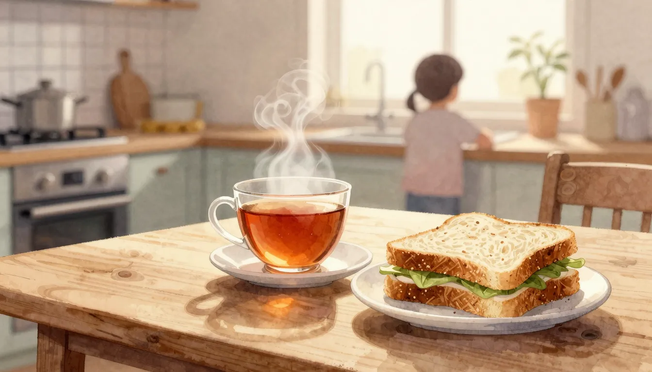 Watercolor style. A cozy kitchen scene at sunrise, a steamin...