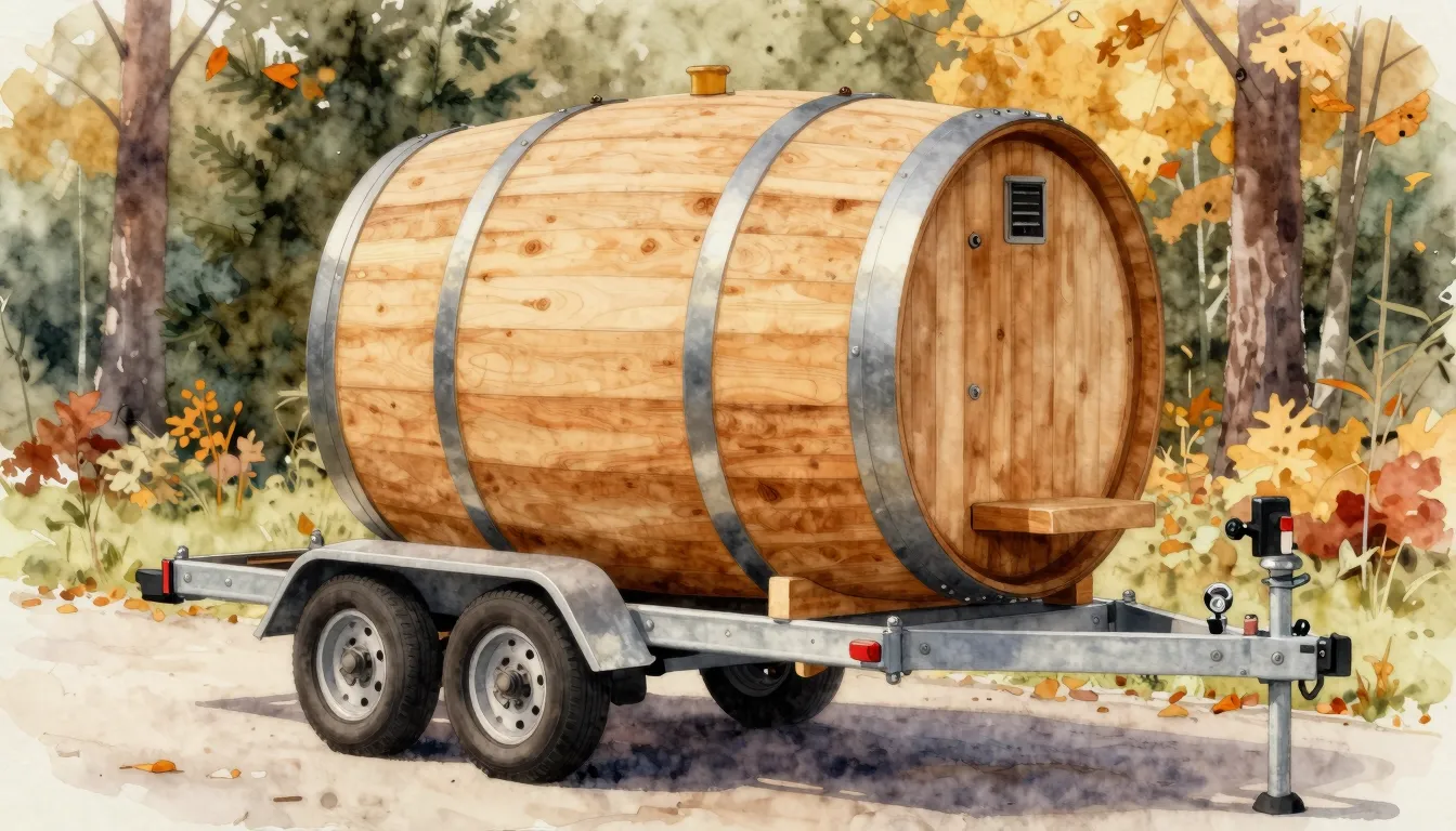 Watercolor style. Close-up of a modern wooden barrel sauna o...