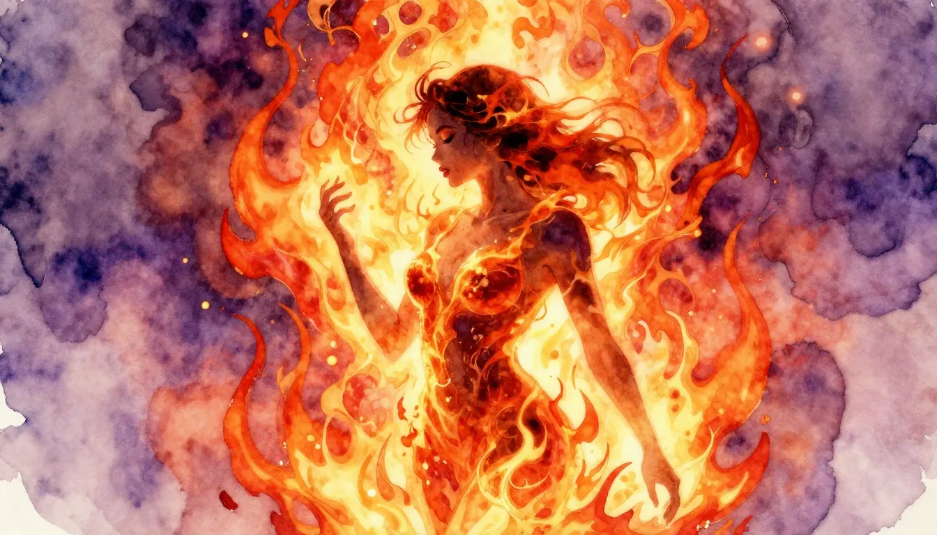 Vibrant watercolor style. A fiery, passionate, and beautiful...