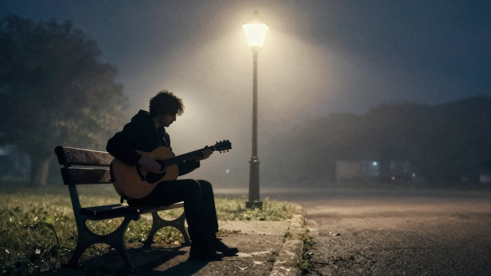 Watercolor style. A dark silhouette of a man with a guitar s...