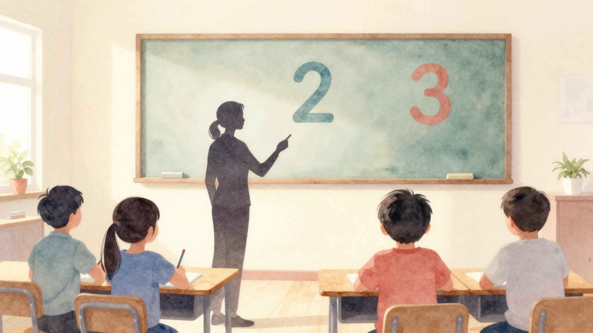 Watercolor style. Silhouette of a teacher and children in a ...