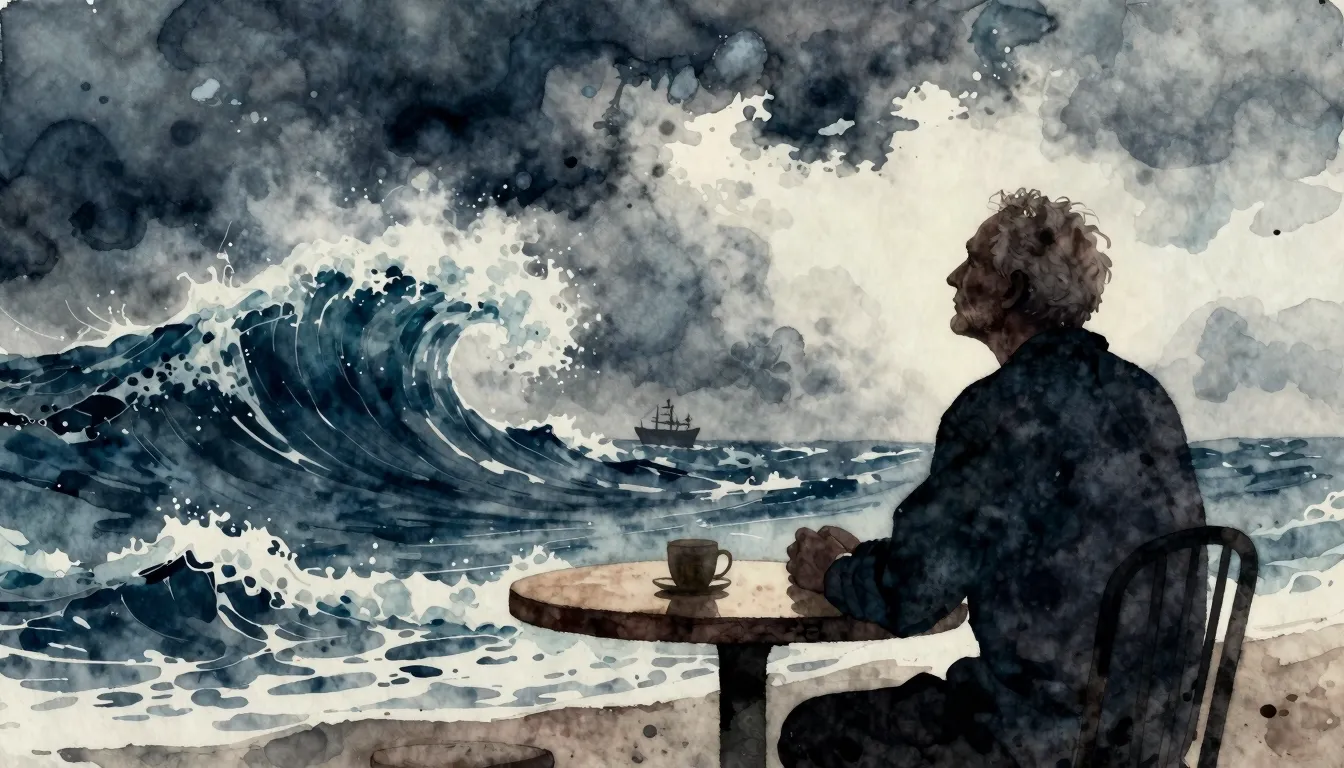 Watercolor style. Silhouette of an old man sitting at a tabl...