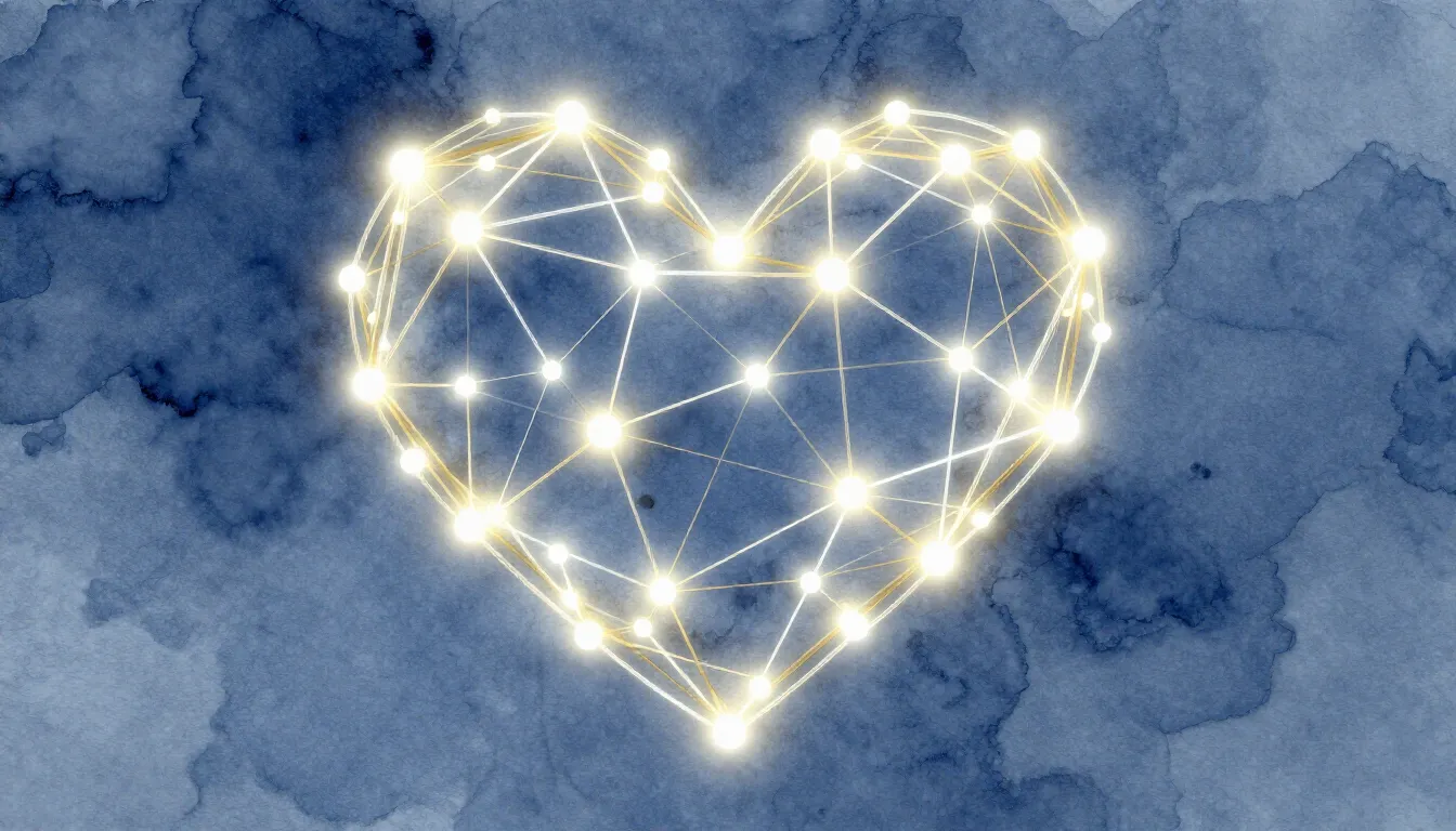 Watercolor style. A glowing digital network of interconnecte...