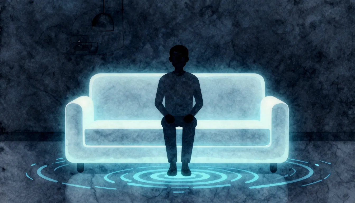 Watercolor style. A silhouette of a person sitting on a glow...