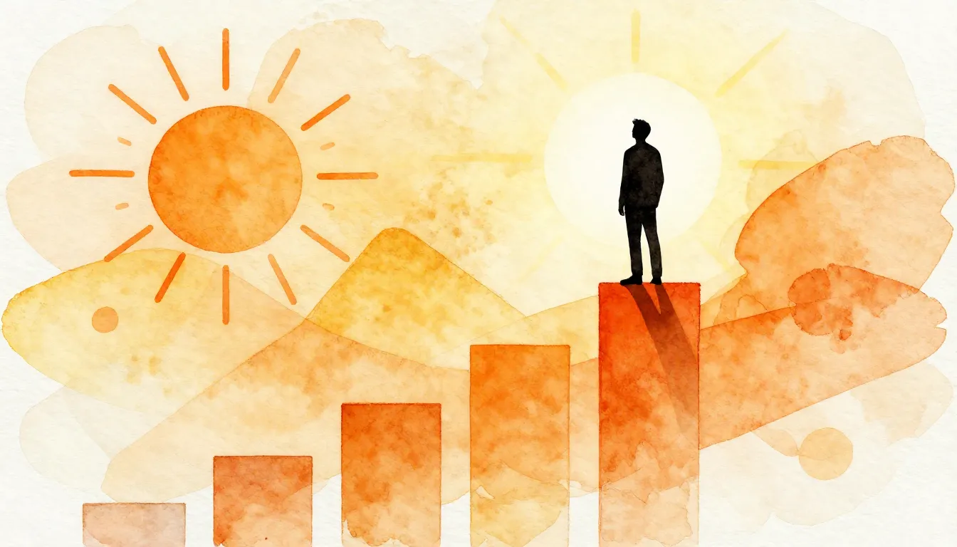 Watercolor style. A silhouette of a person standing on top o...