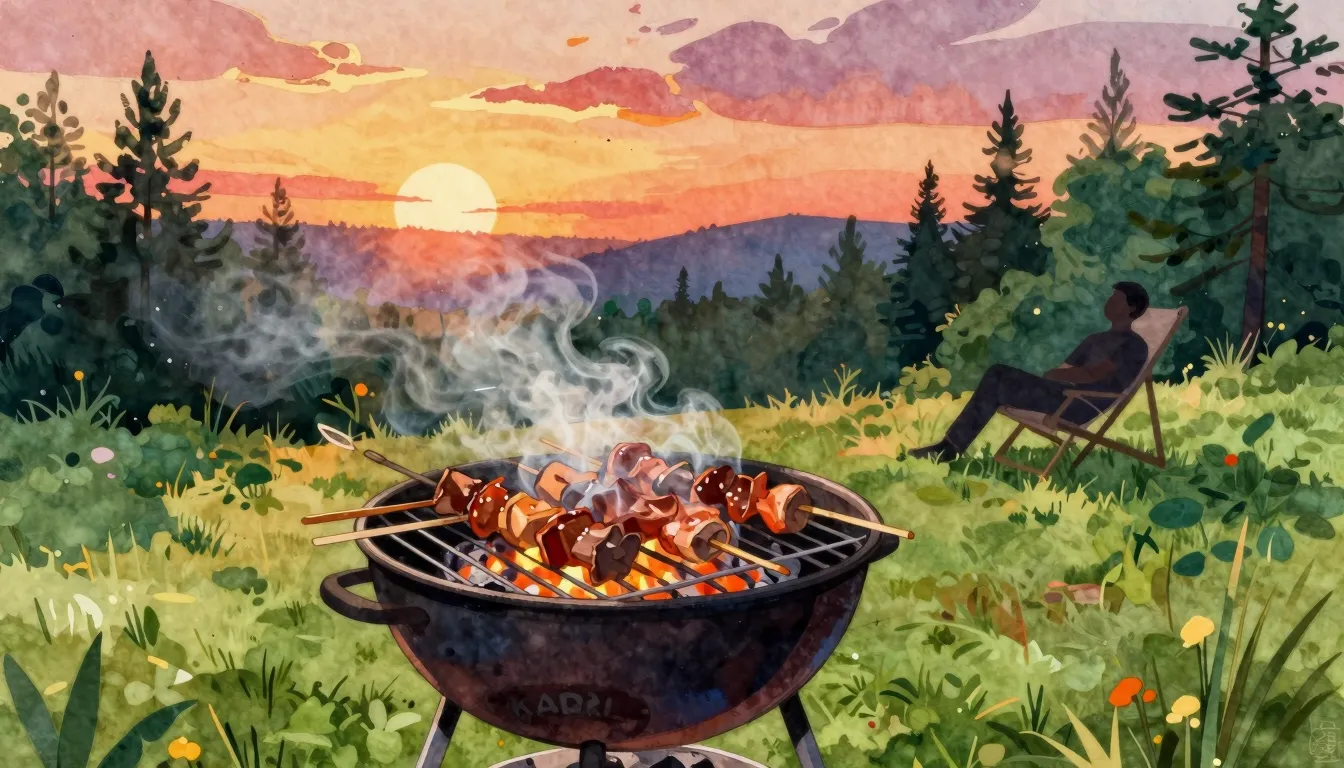 Vibrant watercolor style. A vibrant outdoor barbecue scene a...