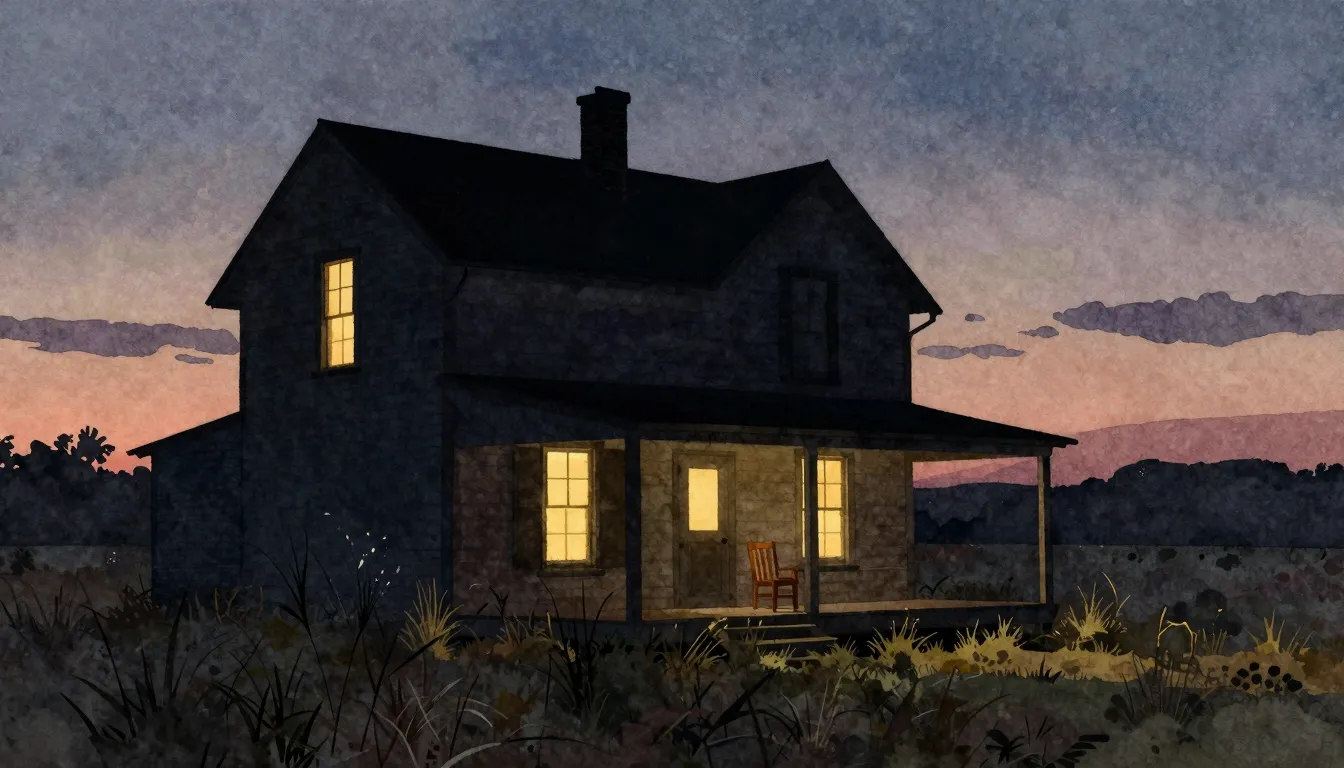 Watercolor style. A silhouette of an old house with a glowin...