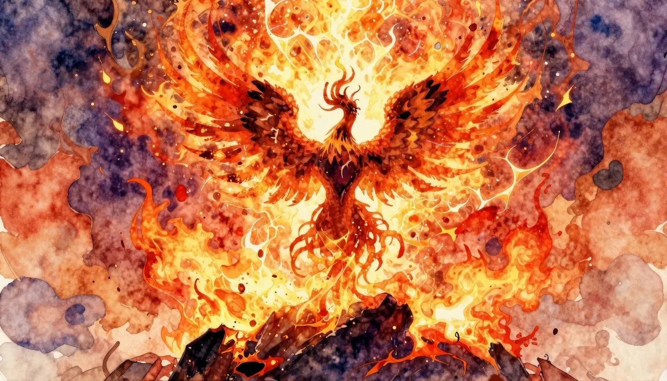 Vibrant watercolor style. Rock album cover. Phoenix rising f...