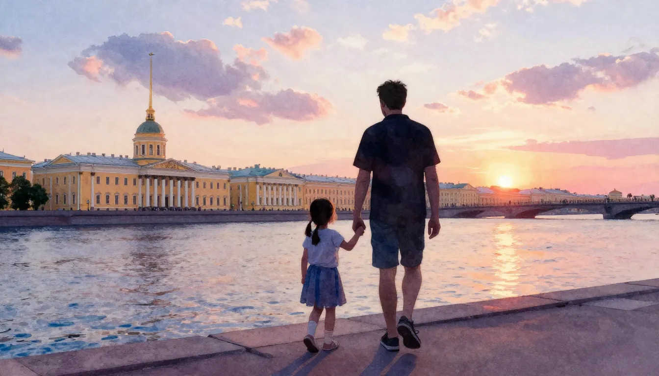 Watercolor style. A silhouette of a father and daughter walk...