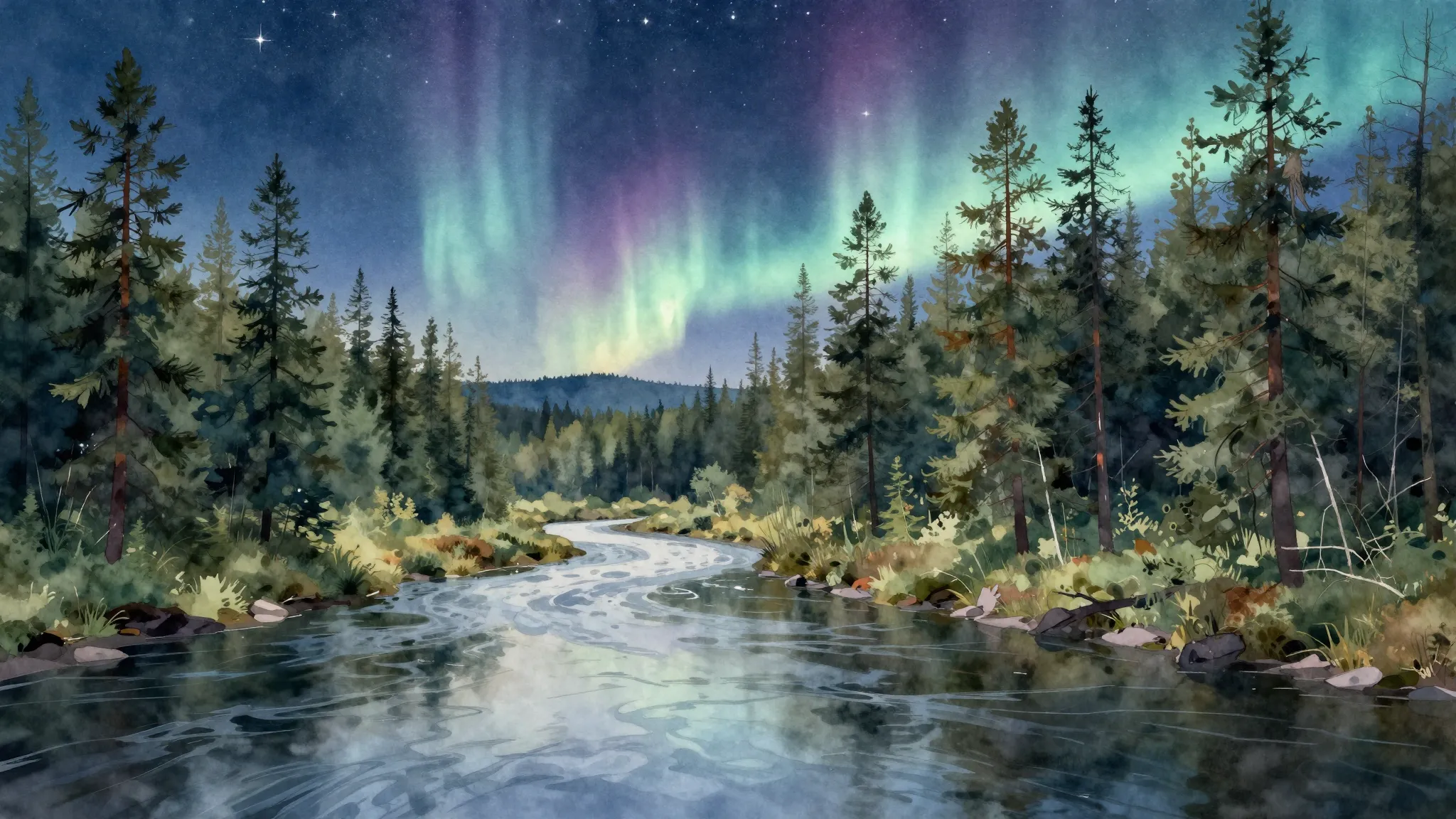 Watercolor style. A serene river flowing through a dense tai...