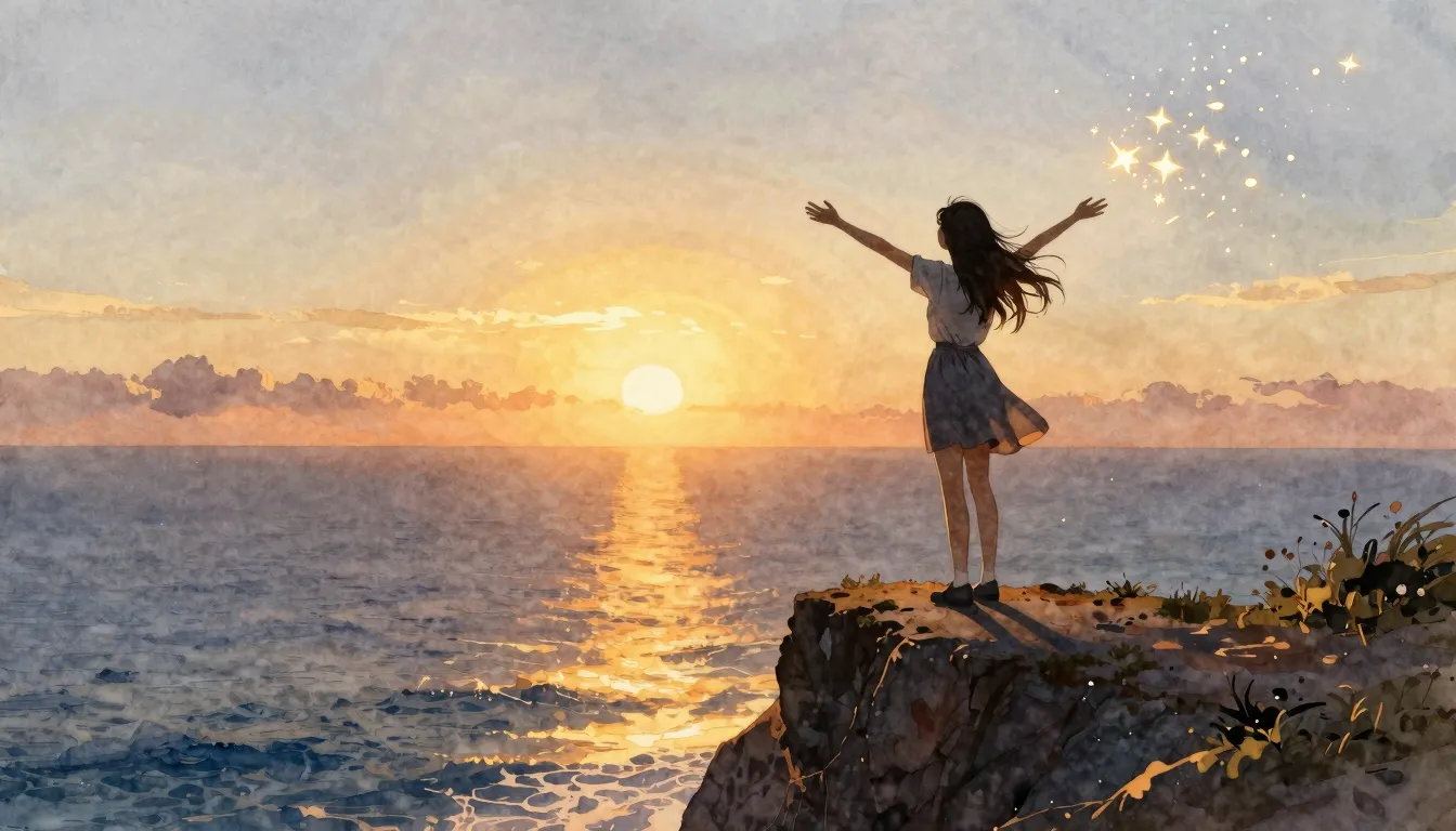 Watercolor style. A silhouette of a girl standing on a high ...