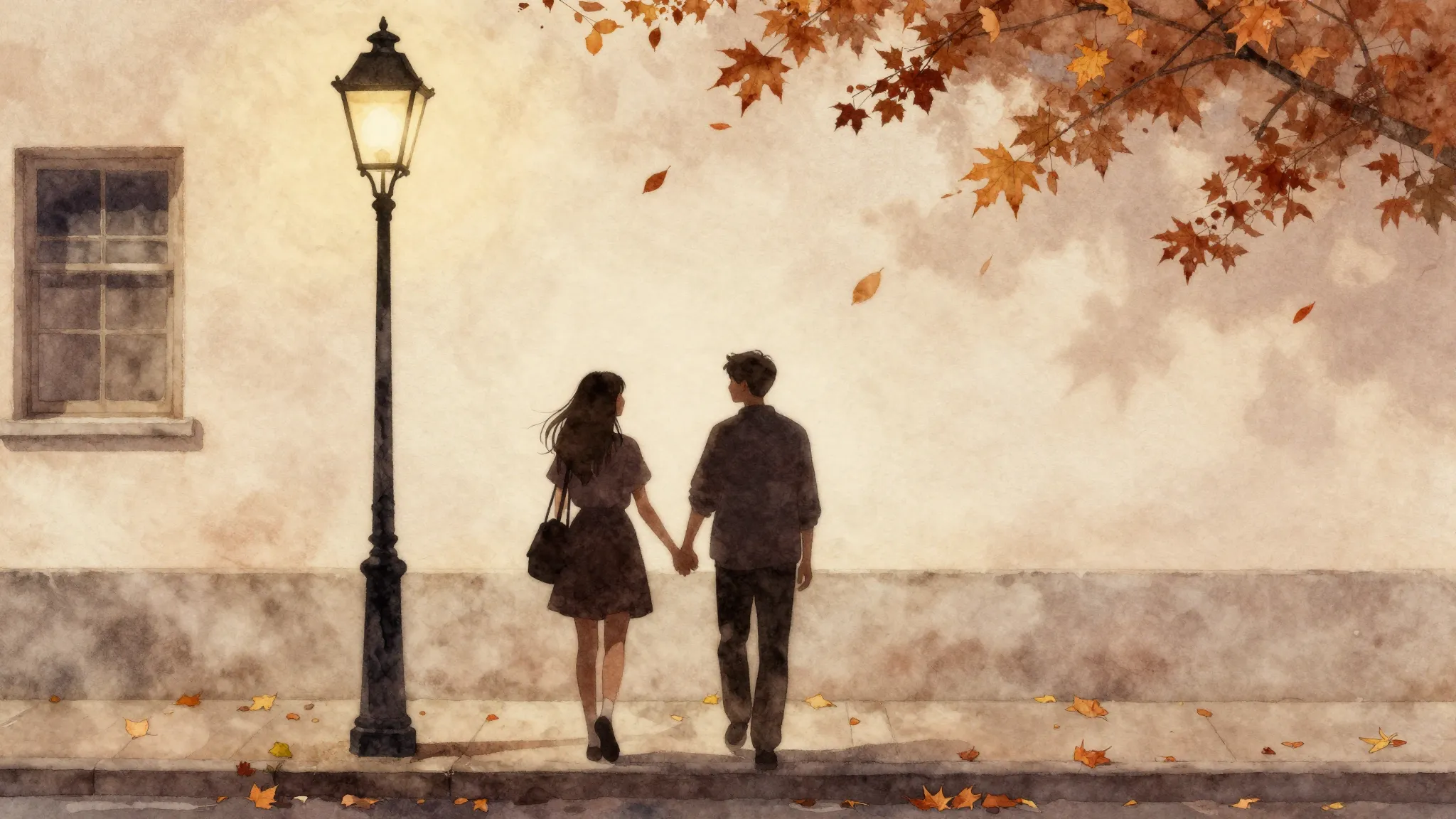 Watercolor style. Silhouette of two teenagers holding hands ...