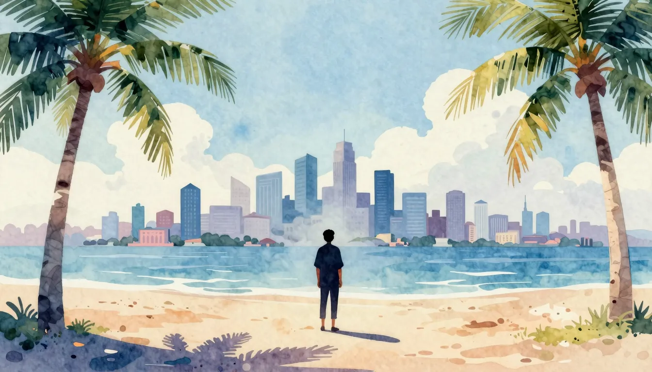 Watercolor style. A silhouette of a person standing on a sun...