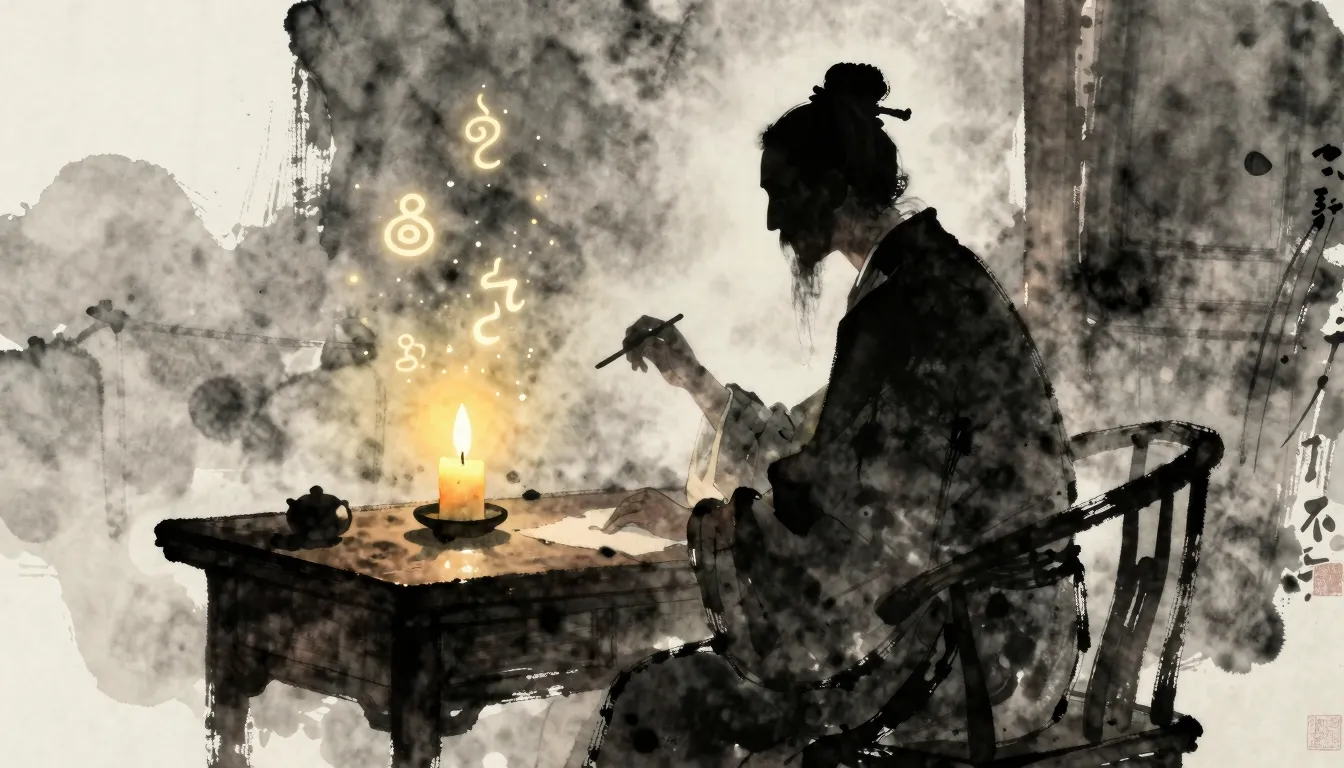 Watercolor style. A dark silhouette of a poet sitting at a w...