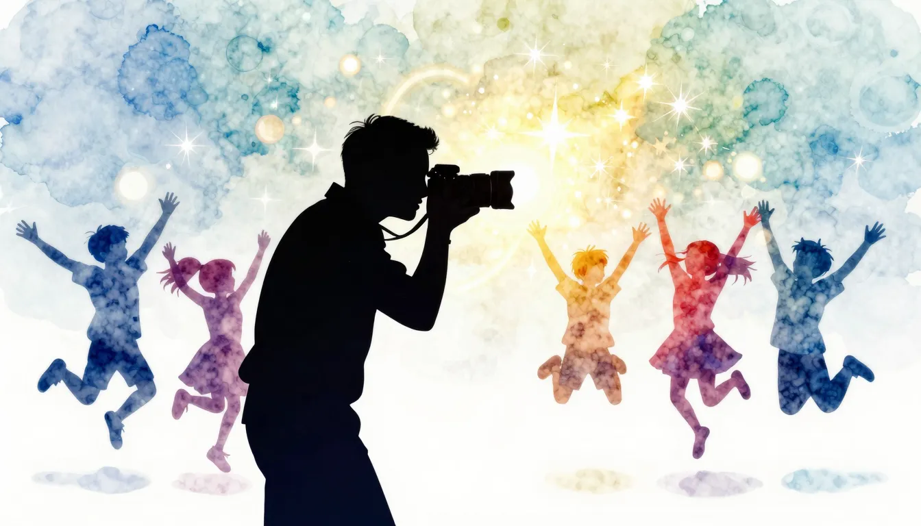 Watercolor style. Silhouette of a photographer with a camera...