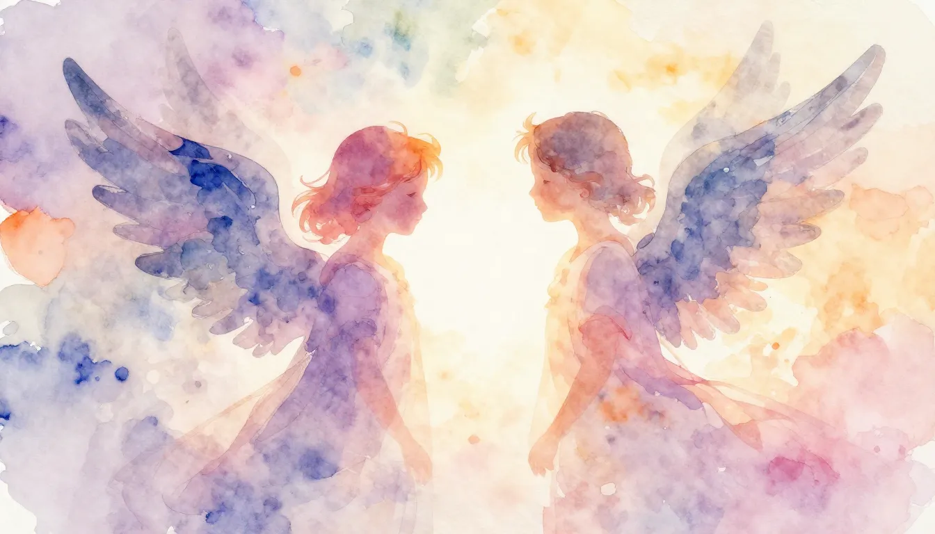 Vibrant watercolor style. Two abstract angelic silhouettes, ...