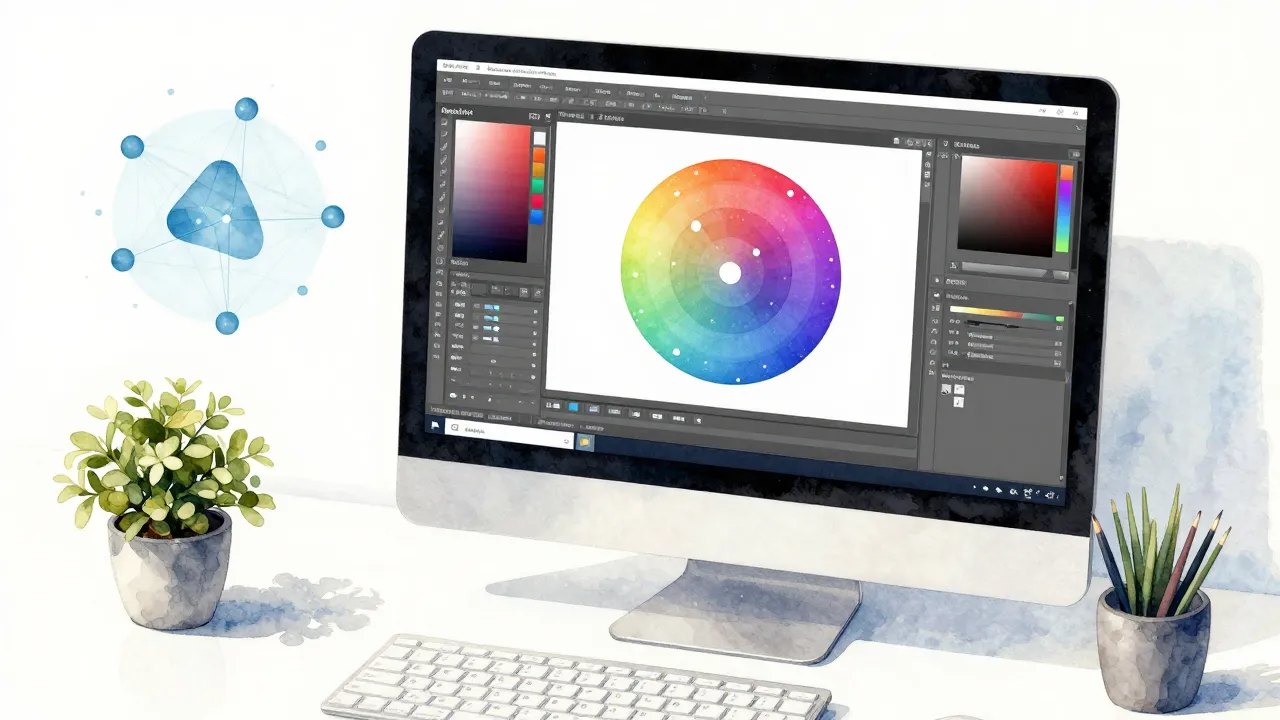 Watercolor style. Creative workspace showing a computer scre...