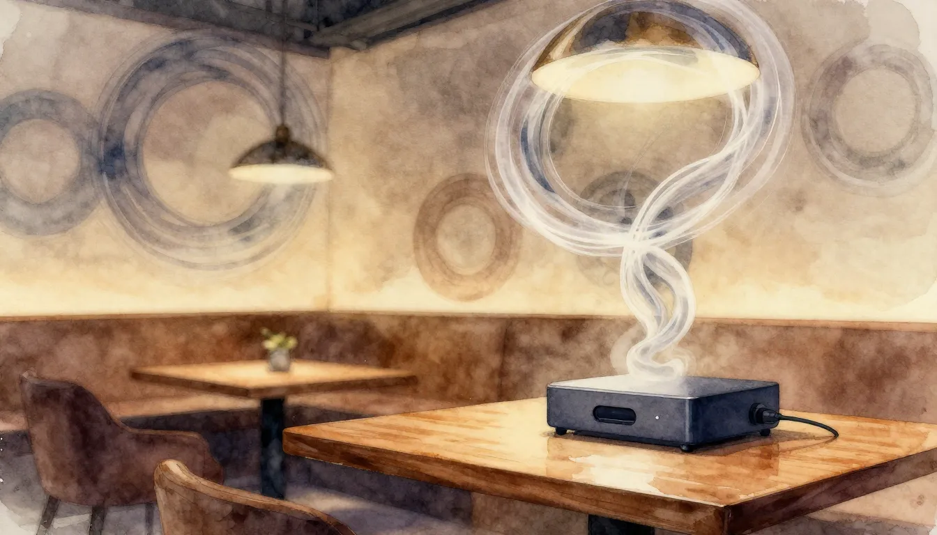 Watercolor style. A cozy lounge interior with soft warm ligh...