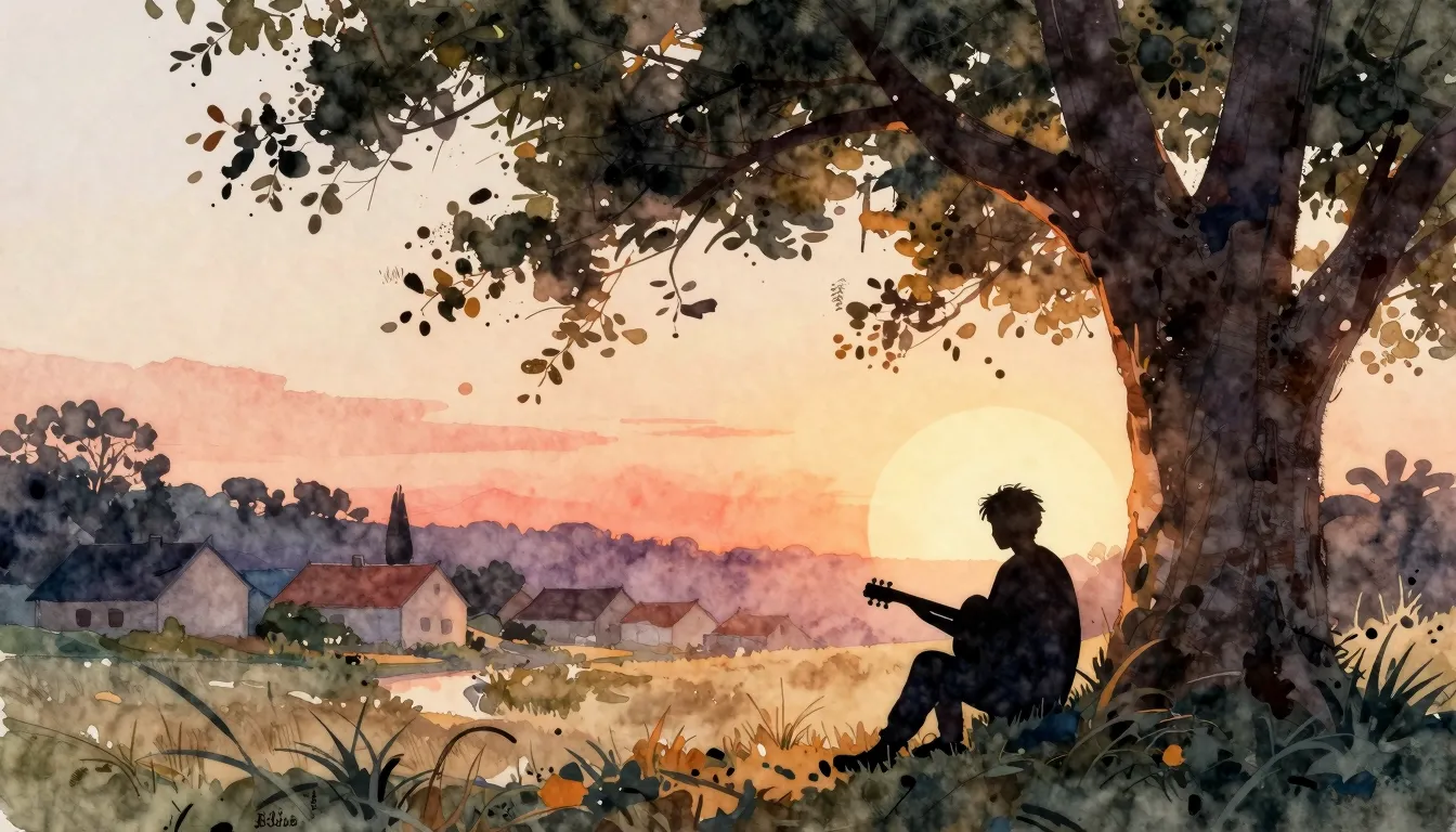 Watercolor style. Silhouette of a person sitting with a guit...