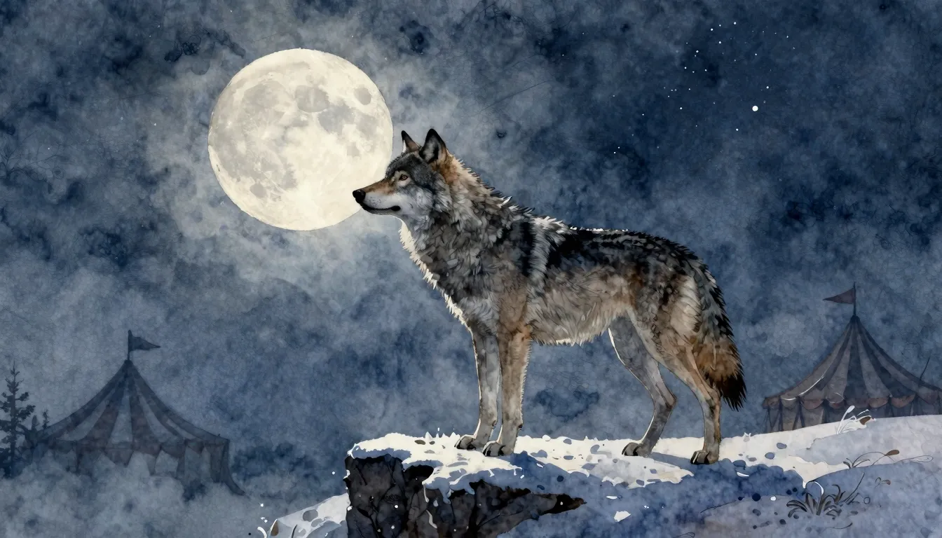 Watercolor style. A lone gray wolf stands on a snowy cliff u...