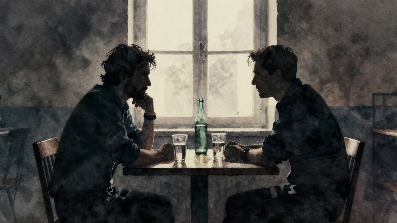 Watercolor style. Silhouette of two men sitting at a table i...
