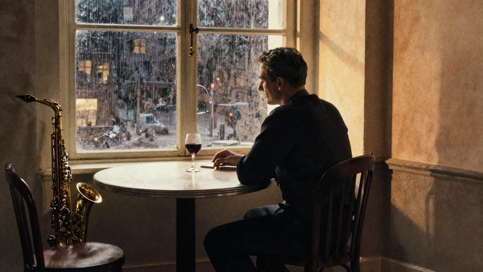 Watercolor style. Silhouette of a lonely man sitting at a ro...