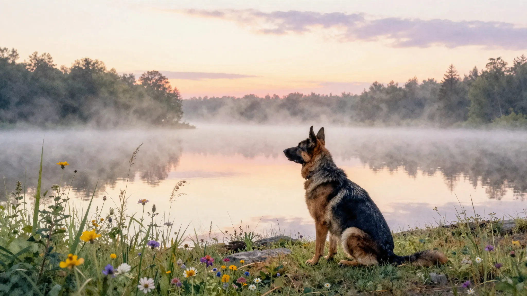 Watercolor style. Early morning mist over a vast lake, silho...