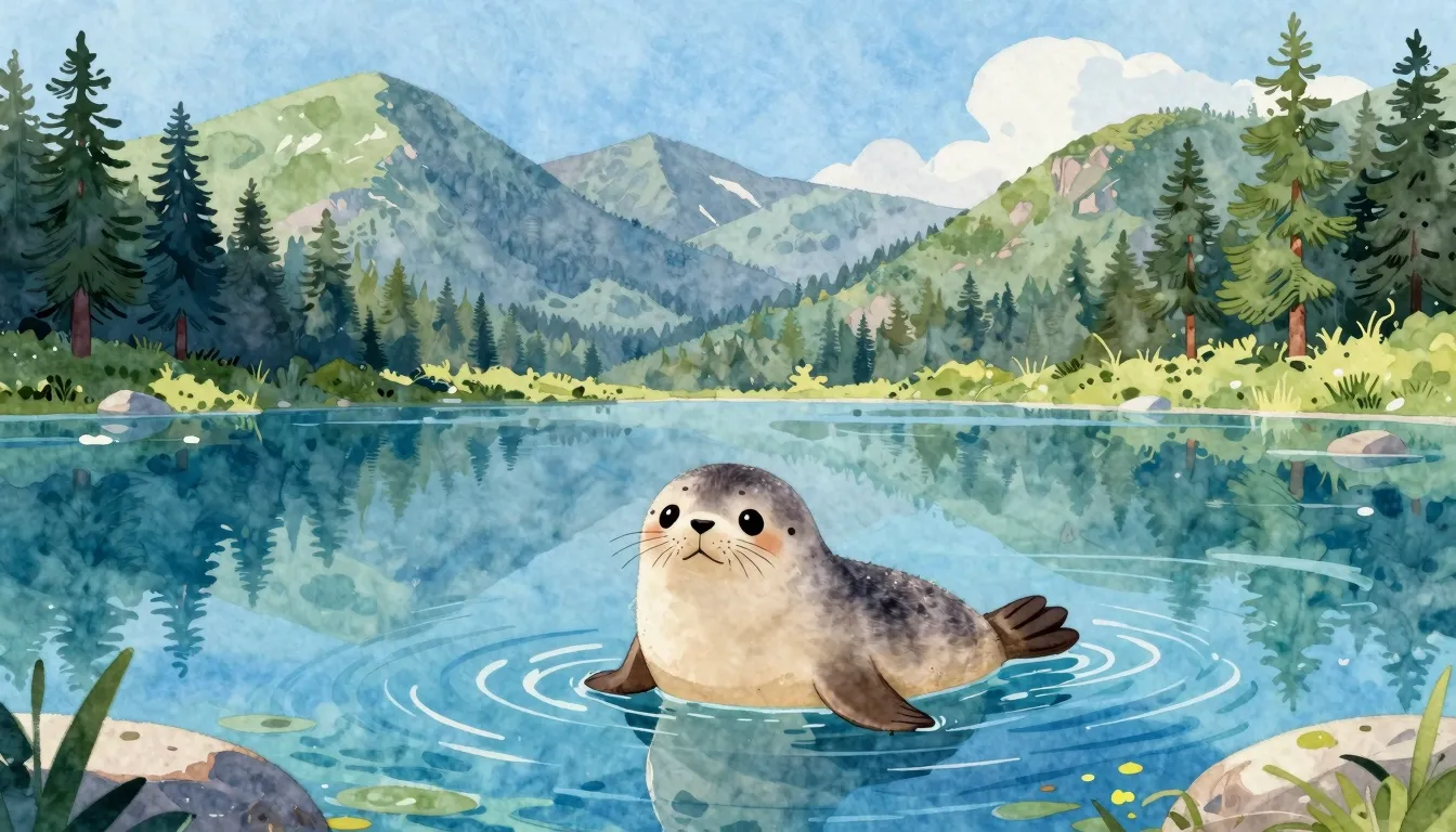 Watercolor style. A beautiful deep blue lake surrounded by g...