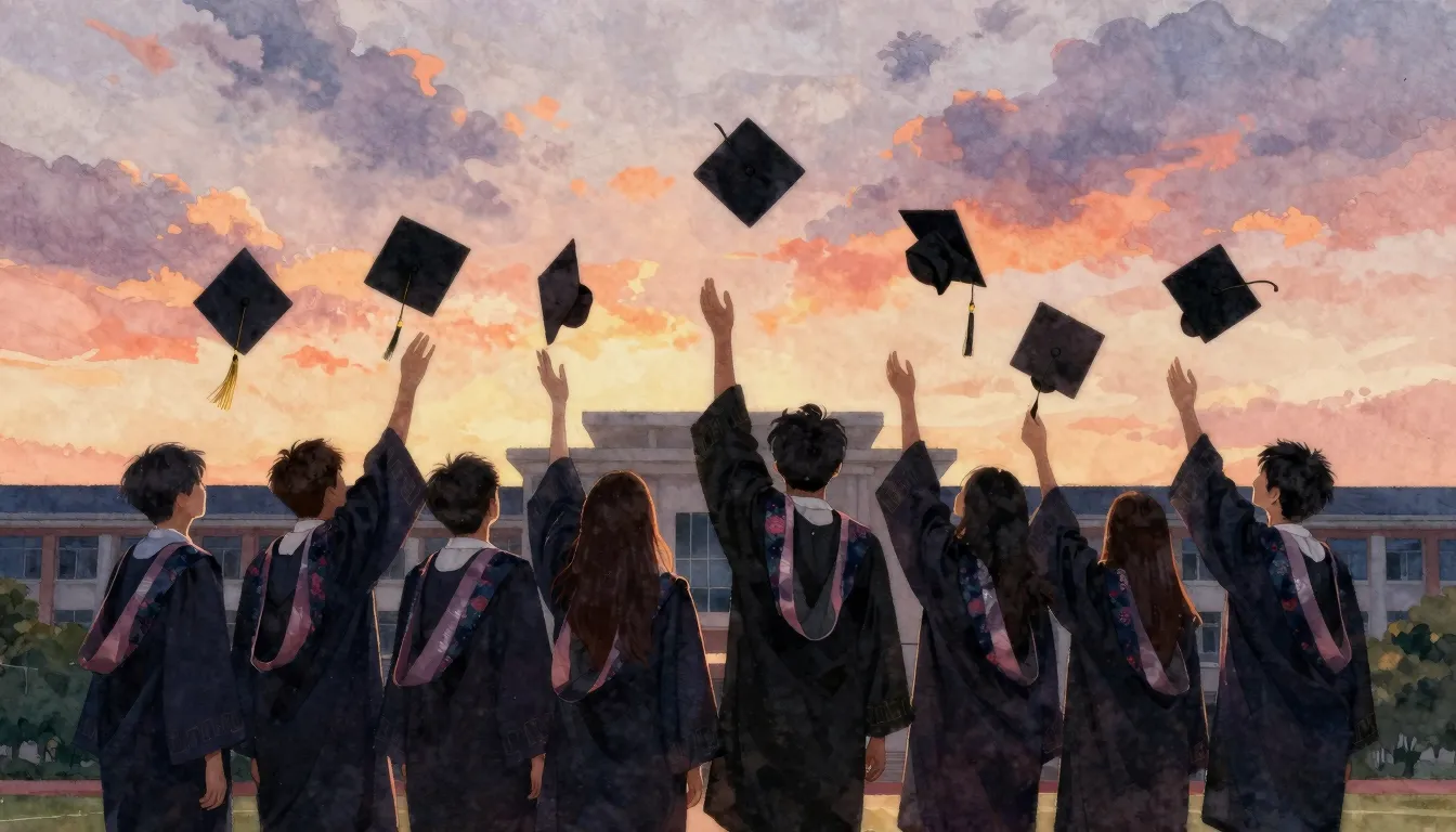 Watercolor style. A silhouette of a group of students throwi...